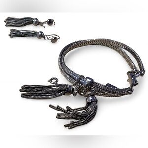 Vintage Monet Silver Tassle Jewelry Bracelet and Earring Set